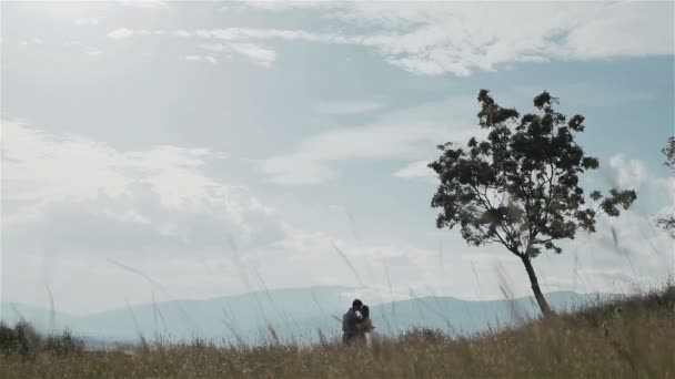 Bis zur Unkenntlichkeit Silhouette Mann und Frau verliebte Paar stehen umarmt und küssend in der Natur Feld zwischen Gräsern unter dem Baum vor einer schönen Bergkulisse — Stockvideo