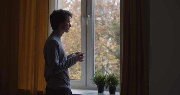 Töprengő férfi áll az ablaknál, kezében egy csésze tea lassított felvételével. Hátsó portré egy szomorú fickóról, aki egyedül kávézik otthon, és másolja az űrszöveget. Magányos depresszió stressz leküzdése — Stock videók