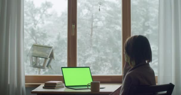 Cep telefonuyla konuşan genç bir kadının yan portresi pencerenin kenarında ağır çekimde oturuyor. Evde çalışırken akıllı telefonu tutan mutlu bir kız. Doğal ışık sığ. İletişim teknolojisi — Stok video