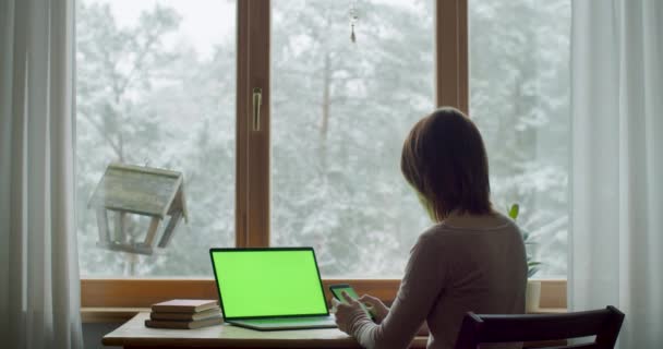 Arka tarafta elinde akıllı telefon tutan bir kız var. Pencere kenarındaki masada oturuyor. Doğal ışık. Evde çalışan genç bir kadın cep telefonu uygulaması kullanıyor. Ağır çekimde sığ. Çevrimiçi dijital teknolojiler — Stok video