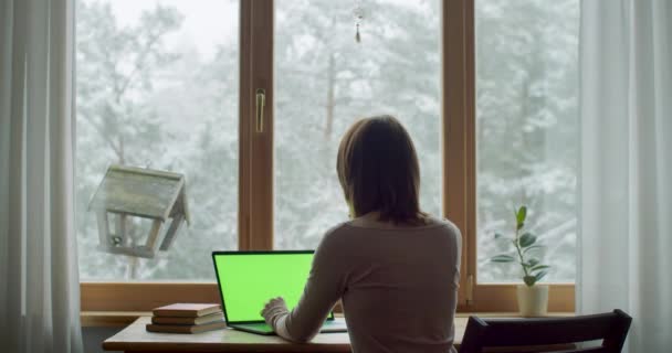 Retrato trasero de una estudiante sentada a la mesa trabajando en interiores en casa en cámara lenta. Mujer joven irreconocible escribiendo en portátil portátil por ventana luz natural dof poco profunda. Distanciamiento social — Vídeo de stock