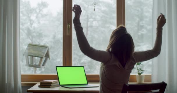 Вид сзади изможденной девочки, сидящей на ноутбуке дома. Неузнаваемая студентка растягивает тело во время работы над зимним пейзажем окна ноутбука. Изоляция образования covid19 — стоковое видео