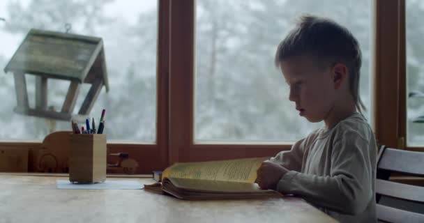 Vista lateral de menino sério lendo livro de papel em casa pela janela luz natural. Criança branca estudando sozinha sentada à mesa de madeira em movimento lento interior rústico. Conceito de ensino em casa — Vídeo de Stock