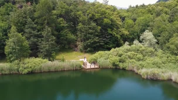 Dron rychle létat nad jezírkem s nevěstou ženich baví na břehu jezera. Letecký pohled na zelenou zalesněnou krajinu s zamilovaným párem, jak spolu tráví čas. Svatební svatební módní koncept — Stock video