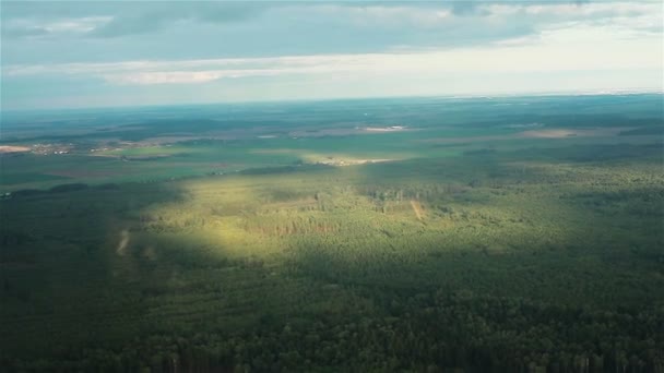 森林の土地の太陽の黒点。飛行機から空撮。上から森の中。シーケンスの 2 ショット — ストック動画