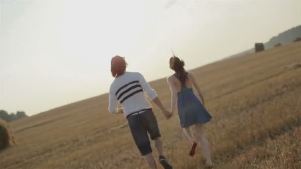 Jong stel loopt door de zomer tarweveld bij zonsondergang hand in hand — Stockvideo