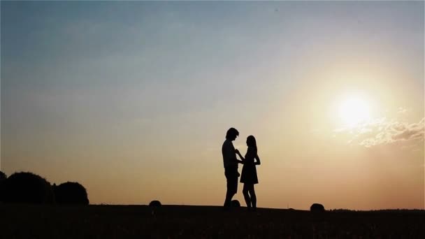 Молодая стройная и игривая пара силуэта, стоящая и идущая по полю, полному стога сена на закате — стоковое видео