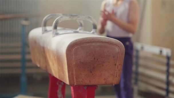 Atleta se preparando para o exercício. Ginasta giz suas mãos antes de praticar em cavalo pommel — Vídeo de Stock