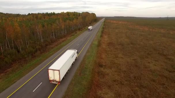 Vista aérea 4K del vuelo sobre la carretera cerca del bosque de otoño. Vehículos de carretera tráfico diario — Vídeo de stock