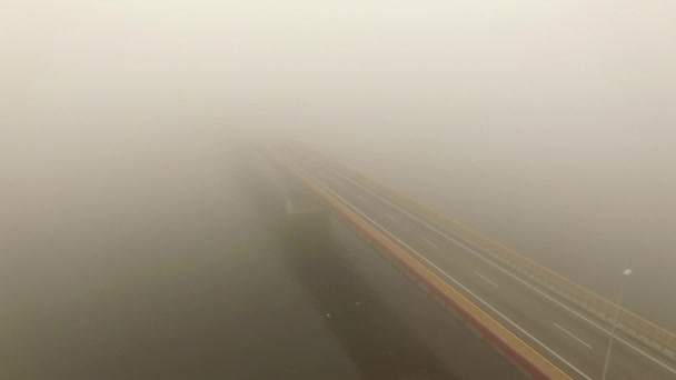 4K aerial view - flight over misty morning bridge showing cars moving both two lanes. Birds flying with drone — Stock Video