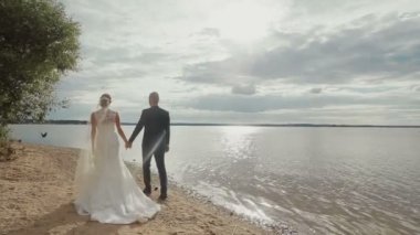 Damat ve gelin el ele birlikte güzel deniz arka plan ağaç altında plaj boyunca yürüyüş