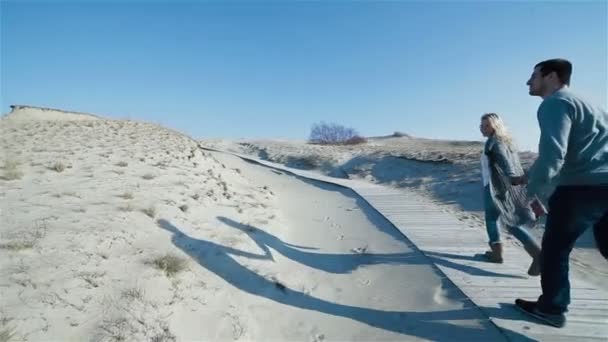 Rallentatore di donna che conduce l'uomo a mano e cammina insieme verso la cima della collina di dune di sabbia naturale — Video Stock