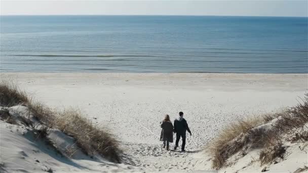 Unga par håller händerna går ner sand sanddyn mot havet och njuter av soligt väder — Stockvideo