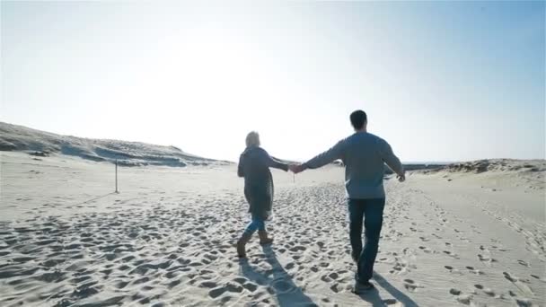 Powolny ruch młodej pary w przypadkowym nosić chodzenie trzymając ręce w zachwycającym naturalnym wydmach piasku wzgórza krajobrazu — Wideo stockowe