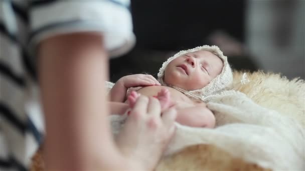 Adorable tiny lying newborn baby angel being carefully wrapped into a warm knitted woolen shawl — Stock Video