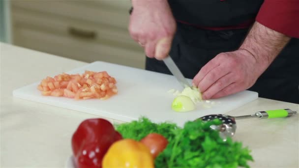 Frontalaufnahme von Küchenhänden, die Zwiebeln und Knoblauch auf einem Brett zerkleinern. Nahaufnahme — Stockvideo