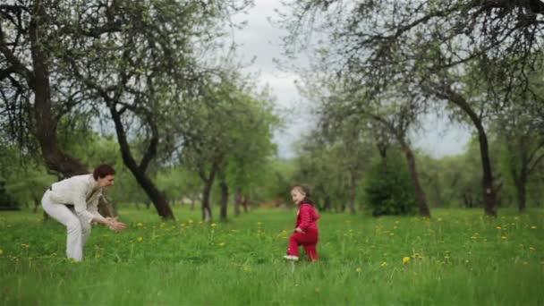 Kleines Mädchen rennt, um ihre Mutter im Sommergarten zu umarmen. Weitschuss — Stockvideo