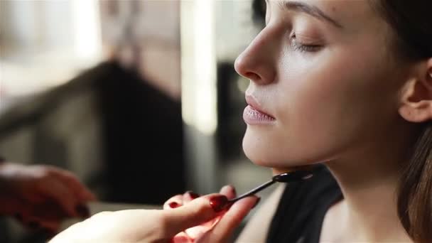 Professionele make-up artiest toepassing Stichting onder ogen zien van model met behulp van een penseel. Close-up — Stockvideo