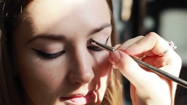 Professionele oog make-up: oogschaduw toepassing. Close-up — Stockvideo