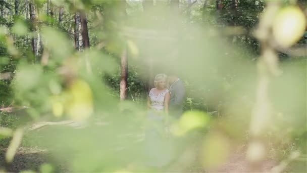 Невеста и жених стоят, обнимаясь в лесу — стоковое видео