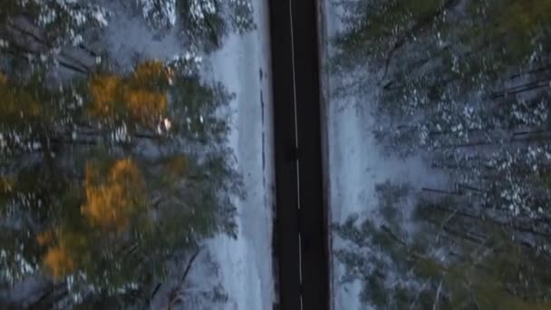 Vista aérea de 4K desde arriba. Siguiendo la carretera de dos carriles en medio del bosque invernal con árboles nevados iluminados por el sol al atardecer o al amanecer — Vídeos de Stock