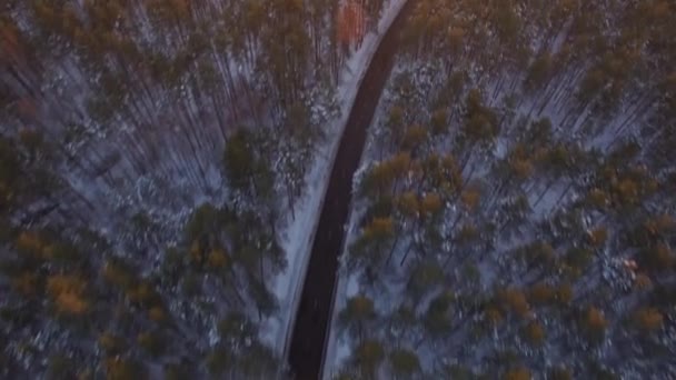 4K vliegzicht vanuit de lucht van boven. Het volgen van bosweg met auto passeren en vliegen in zonovergoten industriële stad buitenwijk vallei landschap met een geweldige zonsondergang uitzicht — Stockvideo