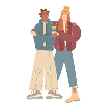 İlk buluşmalarında mutlu lezbiyen genç bir çift. Homoseksüel gençler lgbt sembolikleriyle kapanıyorlar. Irklar arası eşcinsel çift.