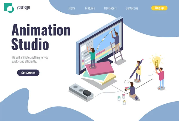 Landing Page Para Estudio Animación Diseñadores Movimiento Ilustración Isométrica Vector — Vector de stock