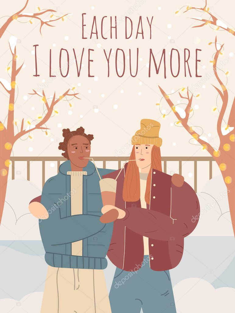Lesbian couple together in winter park. Romantic love illustration to valentine's day and 14 february. Homosexual african american girls in casual clothing. Poster, card, postcard, template.