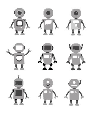 Gümüş elektronik robot karakterler ayarlandı. Android maskotu. Cyborg basit karakteri. Düz robotik karakter koleksiyonu