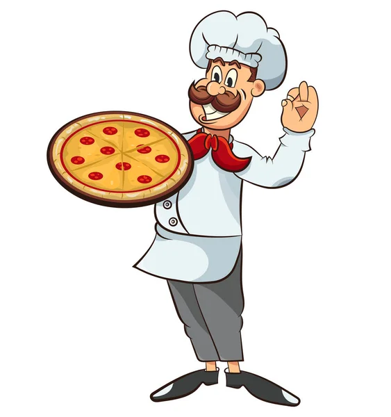 Feliz Desenho Animado Estilo Cômico Chef Italiano Com Bigode Pizza —  Vetores de Stock