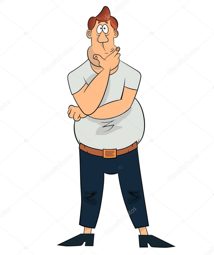 Old cartoon, comic style thinking stout man wondering about solution. Heavy man confused, worried. Vector clip art illustration isolated on white