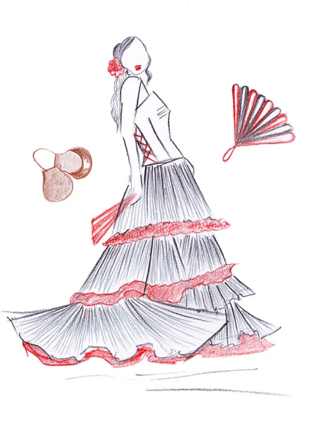 Силуетні ілюстрації дівчина в фламенко сукні — стокове фото