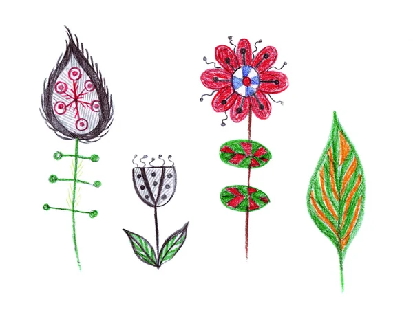 Illusztráció a különböző virágok és levelek szokatlan tündér — Stock Fotó