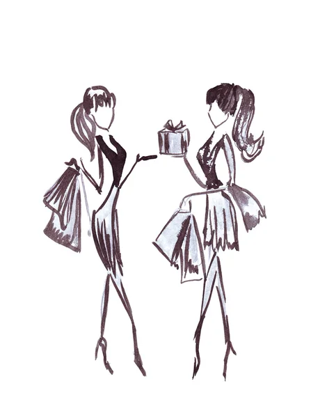 Ilustración de dos hembras con una figura elegante con regalos después de comprar —  Fotos de Stock