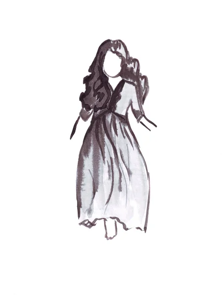 Illustration of a running girl in a long dress and a thick long hair — Stock Photo, Image