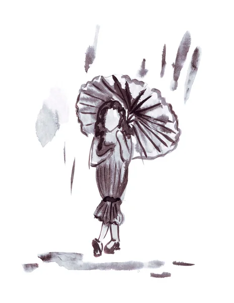 Ilustração de uma menina com um guarda-chuva — Fotografia de Stock