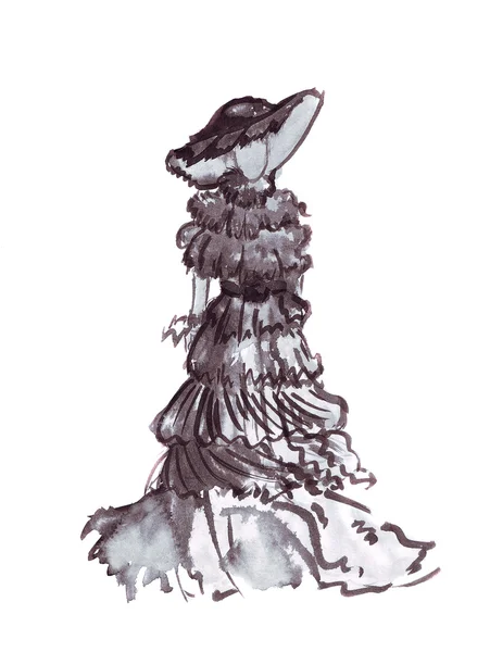 Ilustración de una mujer con un vestido largo en capas y un sombrero de ala ancha —  Fotos de Stock