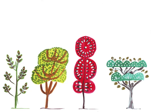 四个神话般的色彩画树的形状各异的插图. — 图库照片