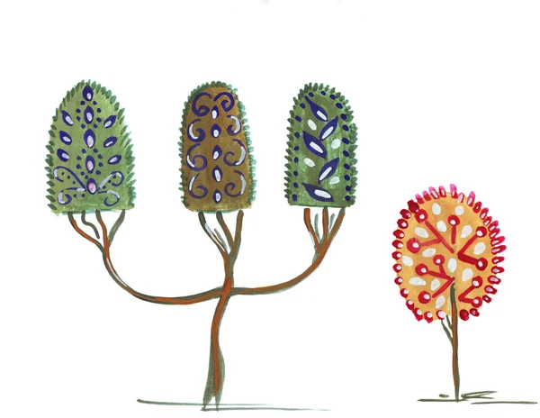 Ілюстрація приголомшливі дерева розмальовані кольорами з трьома гілками і круглим — стокове фото