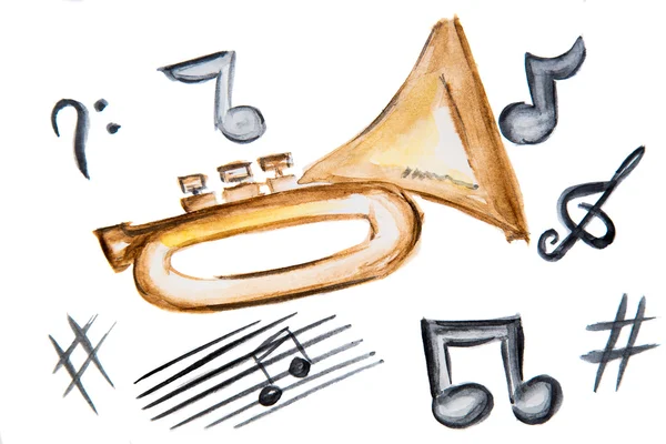 Aquarel illustratie muziekinstrument pijp muzieknoten en een verdrievoudiging clef — Stockfoto