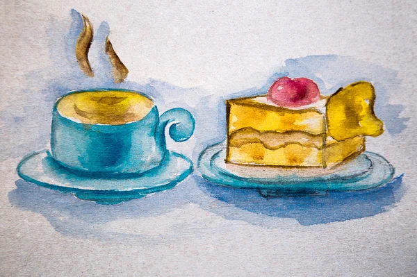 Ilustración acuarela pedazo de pastel y una taza de té —  Fotos de Stock
