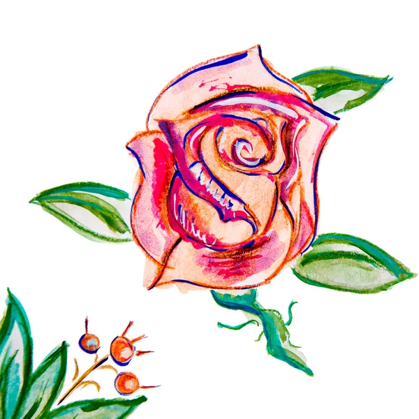 Akwarela ilustracja czerwona róża z zielonych liści z bliska — Zdjęcie stockowe