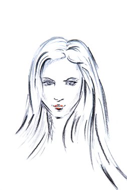 Uzun saçlı bir kız başkanı illüstrasyon suluboya kontur