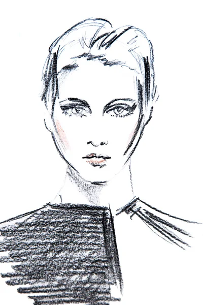 Moda görüntü kısa saçlı bir kadın portresi çizimi — Stok fotoğraf