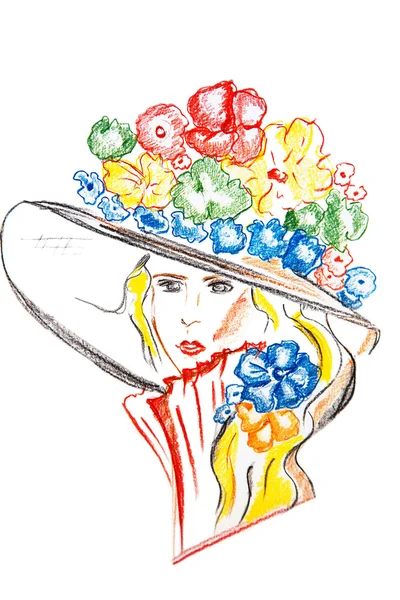 Illusztráció: egy nő, színes festékek, virágos kalapot — Stock Fotó