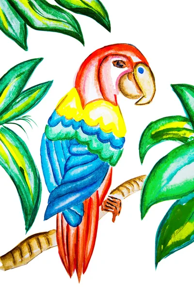 Illustratie voor kleurrijke parrot in groene bladeren — Stockfoto