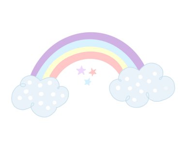 Pastel renklerde gökkuşağının renkli suluboya çizimi. Beyaz arkaplanda izole edilmiş çizgi film tarzı fenomeni.