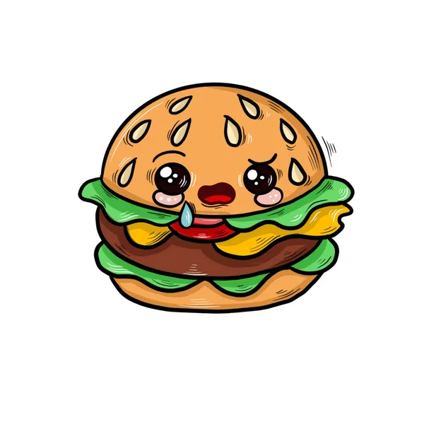 Divertente Cartone Animato Kawaii Hamburger Con Emozioni — Foto Stock