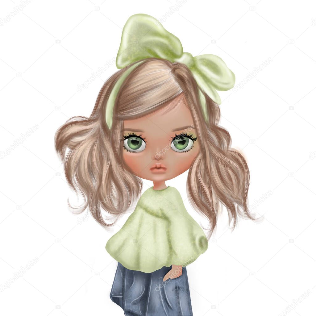 Color illustration of girl doll with accessories. Cartoon style pattern with background.